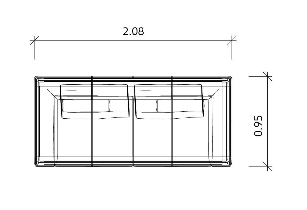 Draufsicht-Skizze des Jaan Living 2,5 Sitzer Sofas mit Maßen. Möbel für Wohnzimmer.