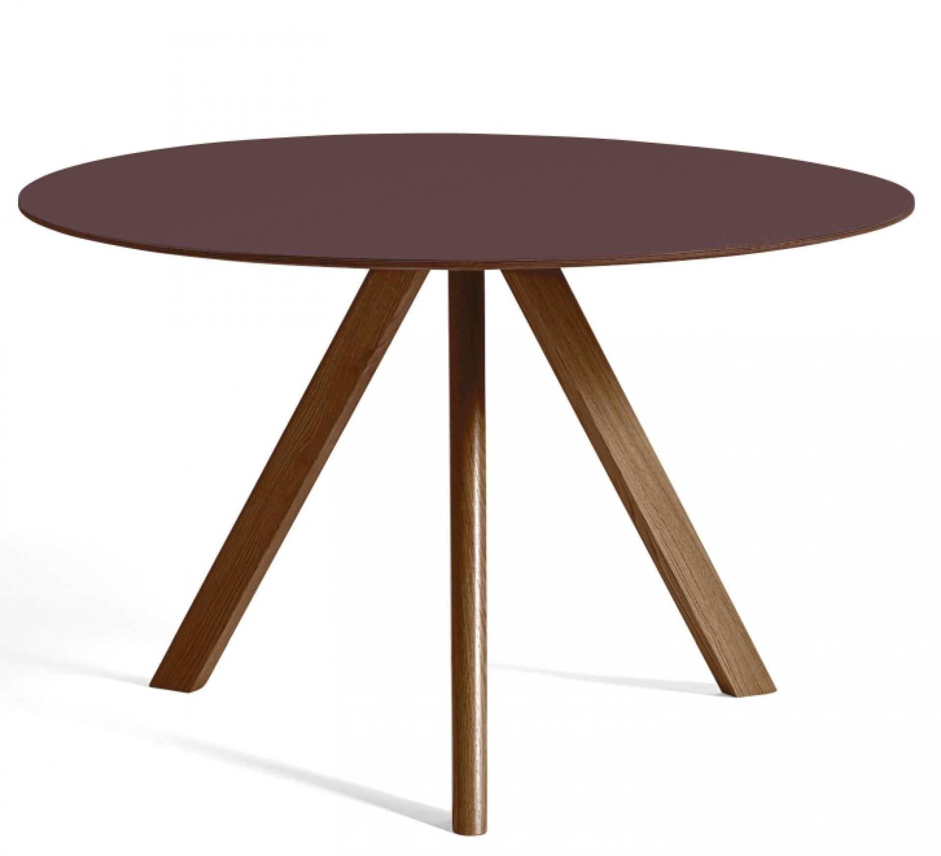 Copenhague Table CPH 20 von Hay: Runder Esstisch mit brauner Tischplatte und Holzbeinen.