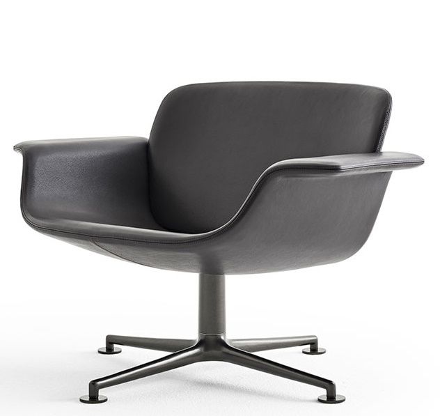 KN01 Lounge Sessel von Knoll International, graues Leder, Drehsessel mit Armlehnen und Metallfuß.