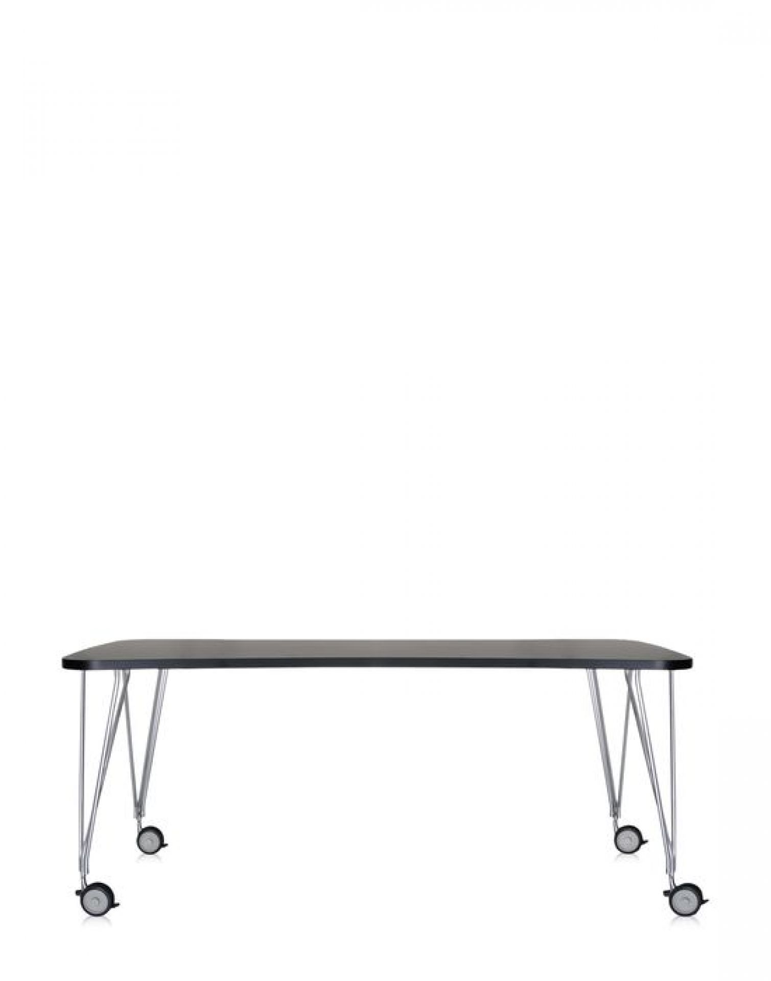 Schwarzer Kartell Max Tisch 190 x 90 cm mit Rollen und verchromten Beinen, freigestellt.