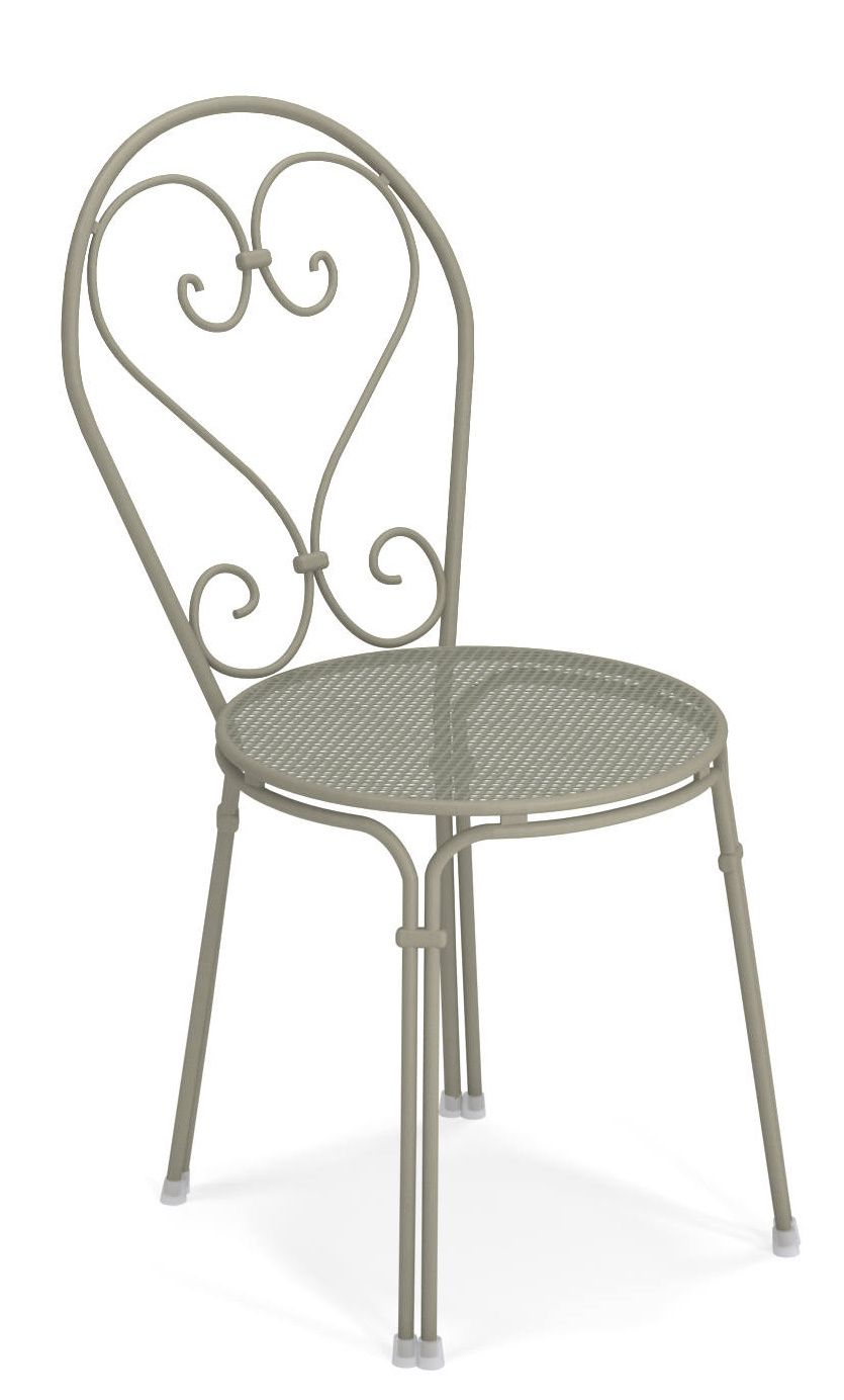 Emu Pigalle Stuhl für den Garten, Metallstuhl in Taupe mit herzförmiger Rückenlehne.