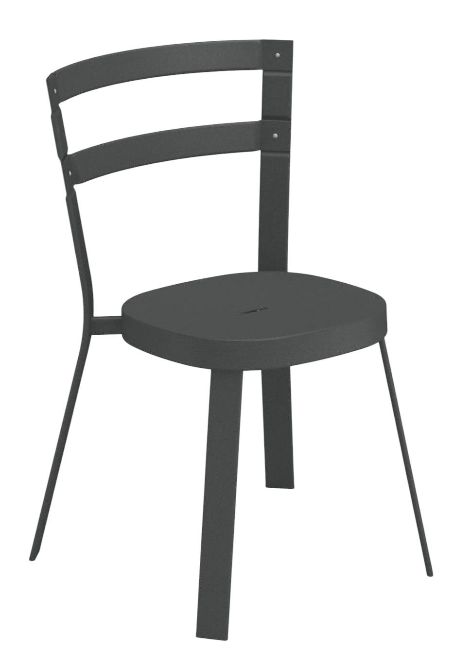 Thor Chair Stuhl Outdoor Emu, grauer Gartenstuhl mit runder Sitzfläche und Rückenlehne mit drei Querstreben.