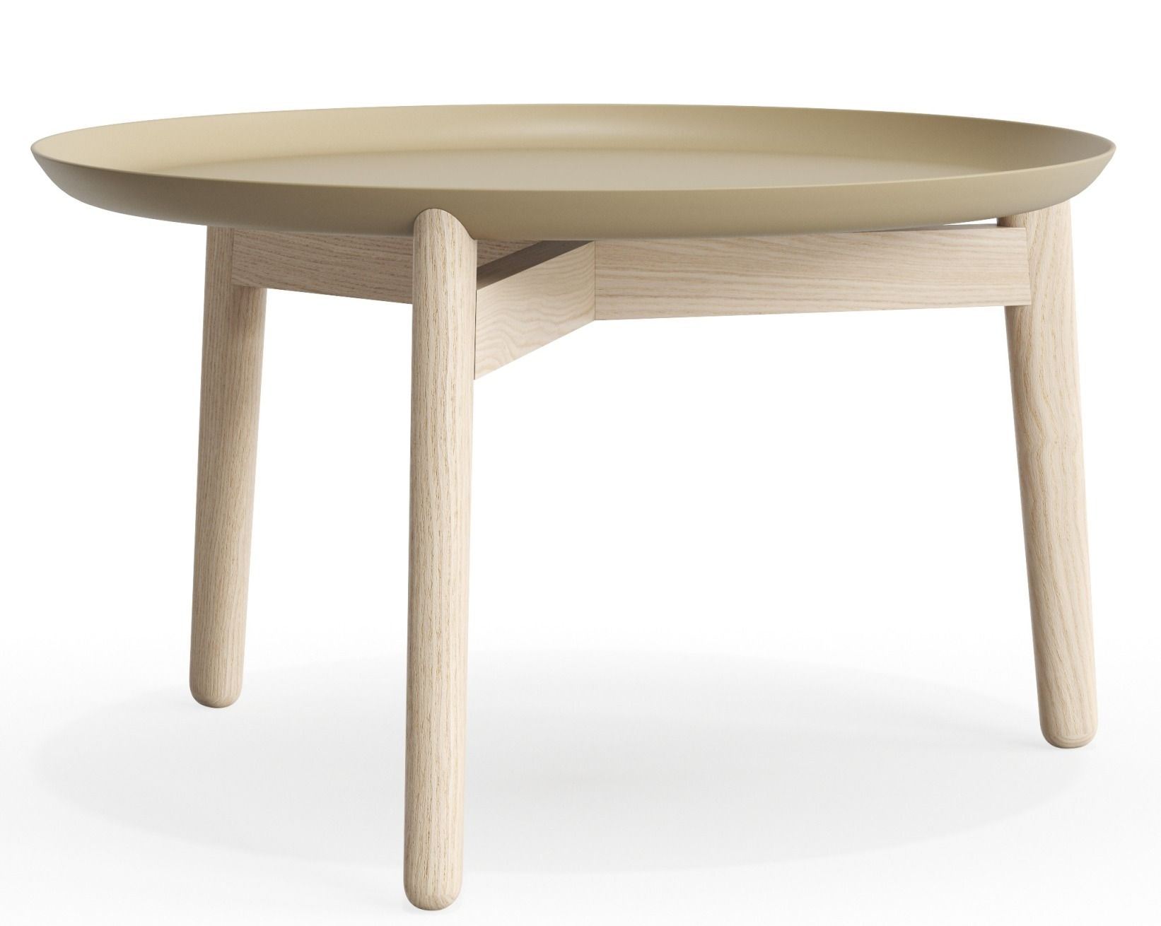 Plaisir 2 Beistelltisch von Zeitraum, Aluminium Tischplatte in Beige mit hellem Holzgestell und runden Beinen.