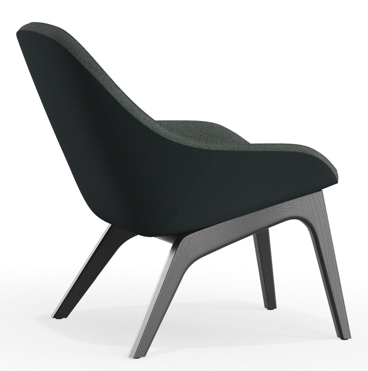 Morph Lounge Chair Sessel von Zeitraum, dunkelgrauer Stoffbezug und Holzgestell, seitliche Ansicht. Moderner Sessel für Wohnzimmer.