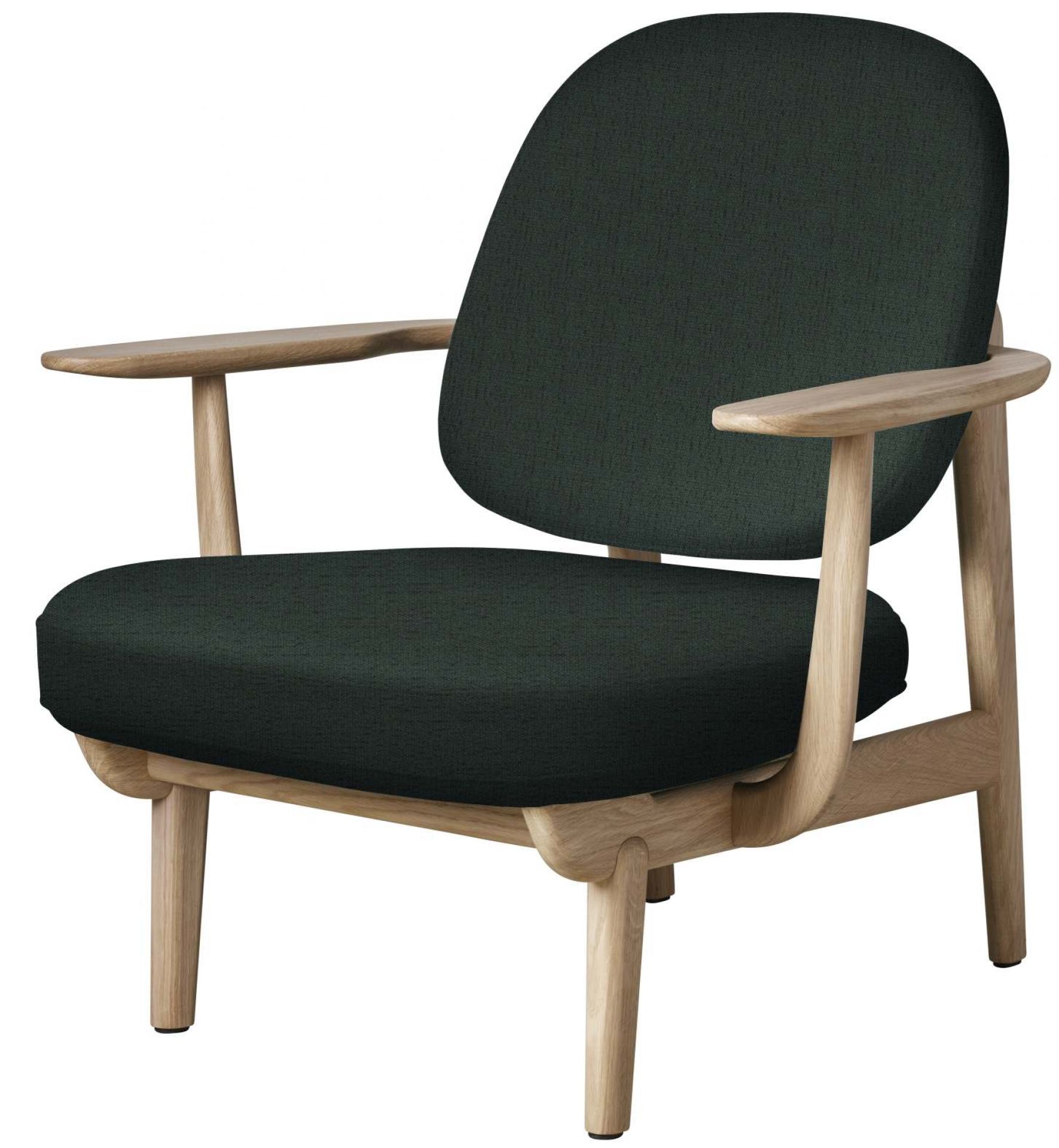 Fred Loungesessel von Fritz Hansen mit dunkelgrünem Stoffbezug und hellem Holzgestell, moderne Sessel für Wohnzimmer.