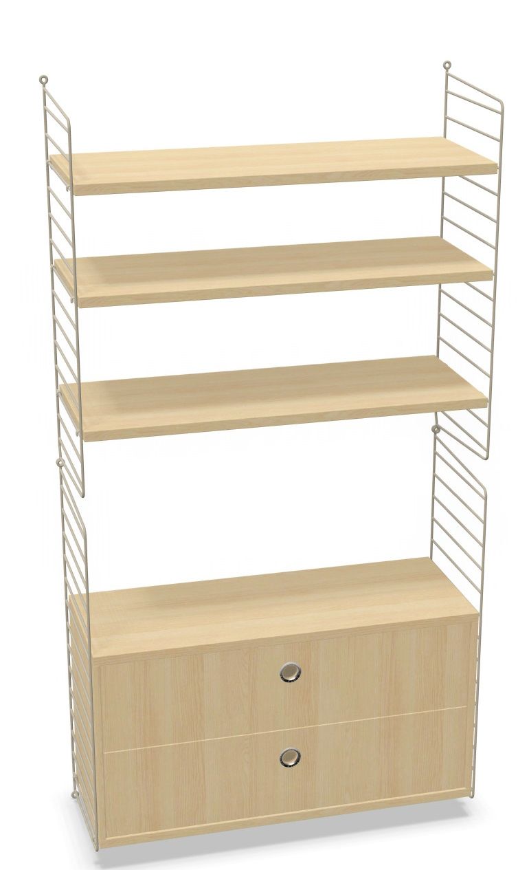 String Furniture Regalsystem: Arbeitsplatz mit hellem Holz, vier Regalböden und Schubladenelement für Büro und Wohnraum.