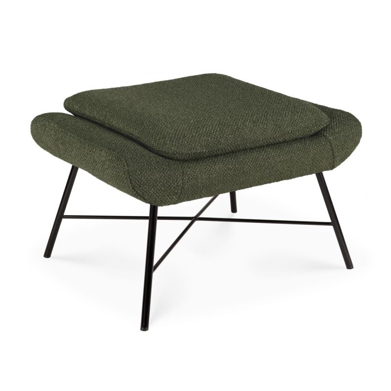 Barrow Polsterhocker in Tannengrün von Ethnicraft mit schwarzem Metallgestell. Bequemer Fußhocker für Wohnzimmer.