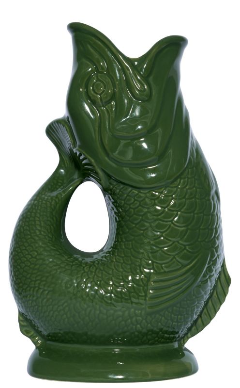 Dunkelgrüne Gluckigluck Fischkaraffe XL. Keramik Wasserkrug in Fischform, dekorative Vase.