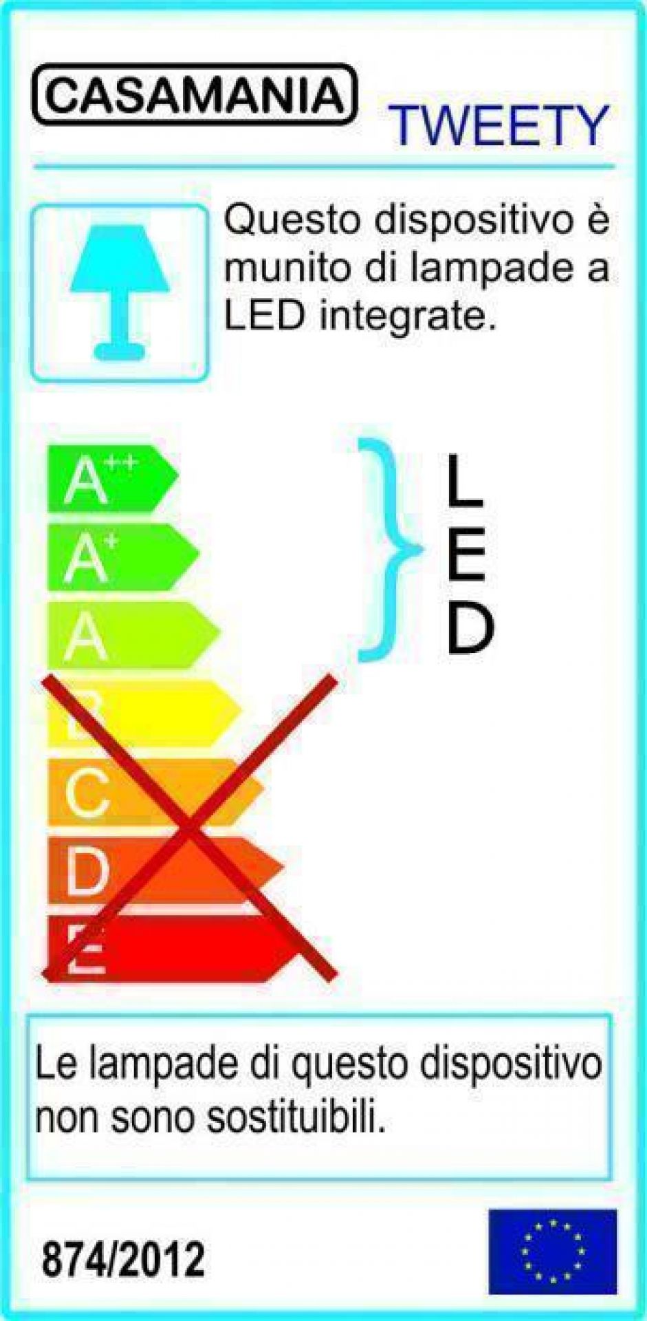 Energieetikett der Casamania Tweety LED Hängeleuchte mit Informationen zur Energieeffizienzklasse und LED-Technologie.