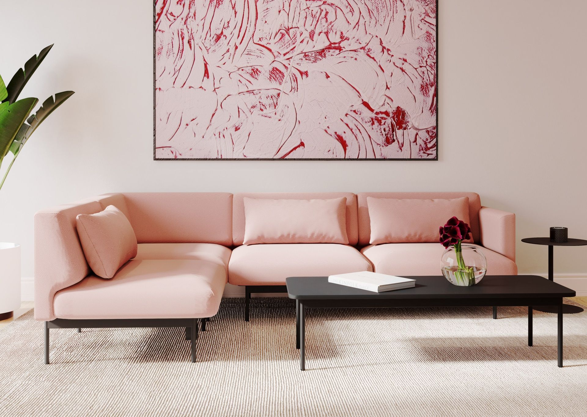 Rosa fora FR 422 Sofa 2-Sitzer von Bejot mit schwarzen Beinen und Couchtisch im Wohnzimmer.