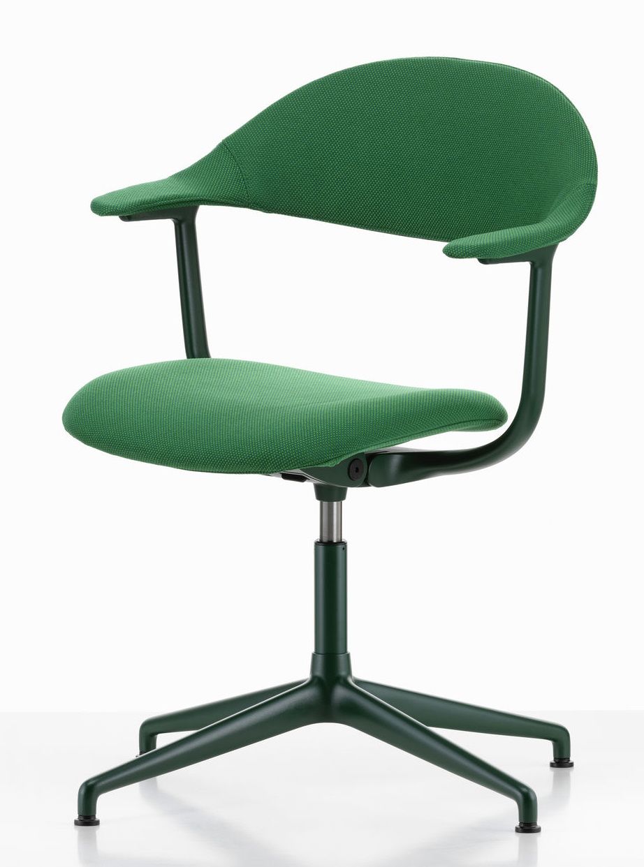 Grüner Mynt Bürodrehstuhl von Vitra mit Armlehnen, ergonomischem Sitz und Rückenlehne aus Kunststoff.