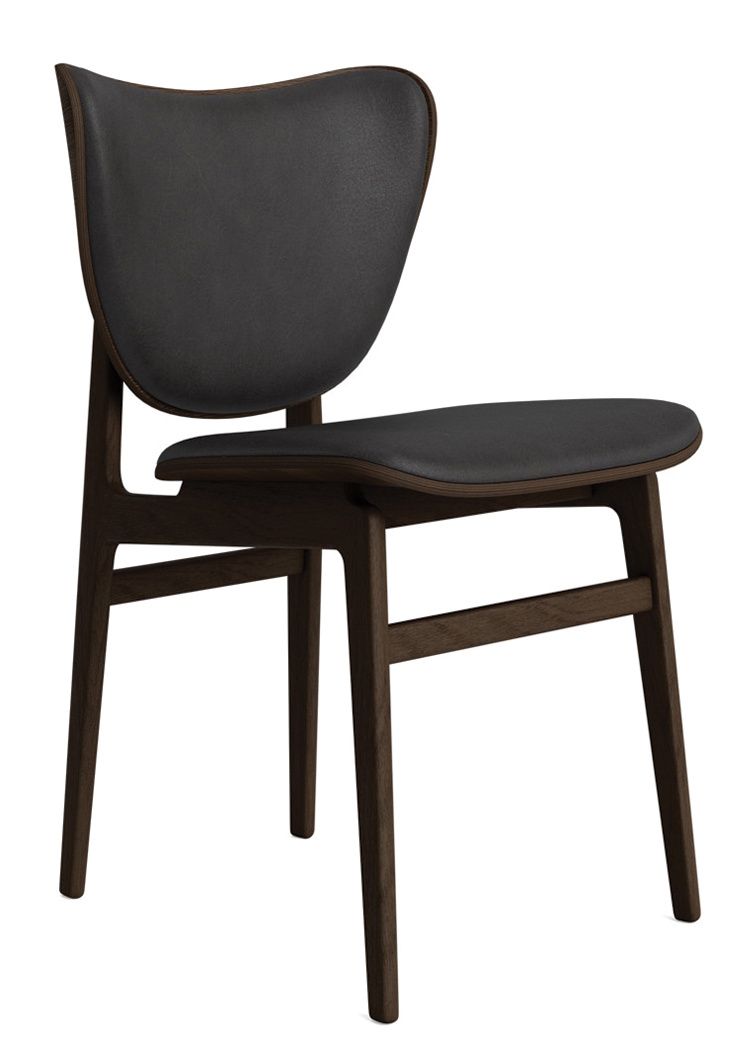 NORR11 Elephant Dining Chair, Stuhl mit Frontpolsterung in dunklem Holz und schwarzem Leder.