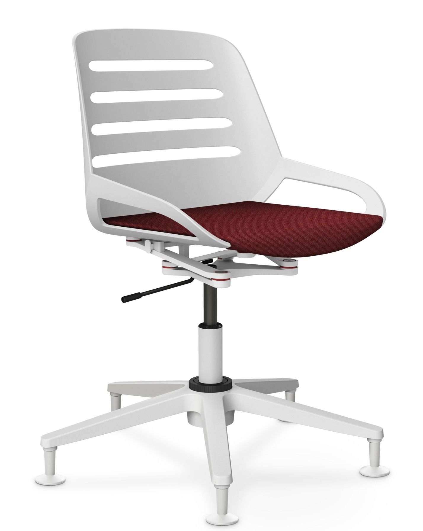 Numo Task Bürodrehstuhl von Aeris mit weißem Gestell und rotem Sitzpolster, ergonomischer Arbeitsstuhl für das Büro.