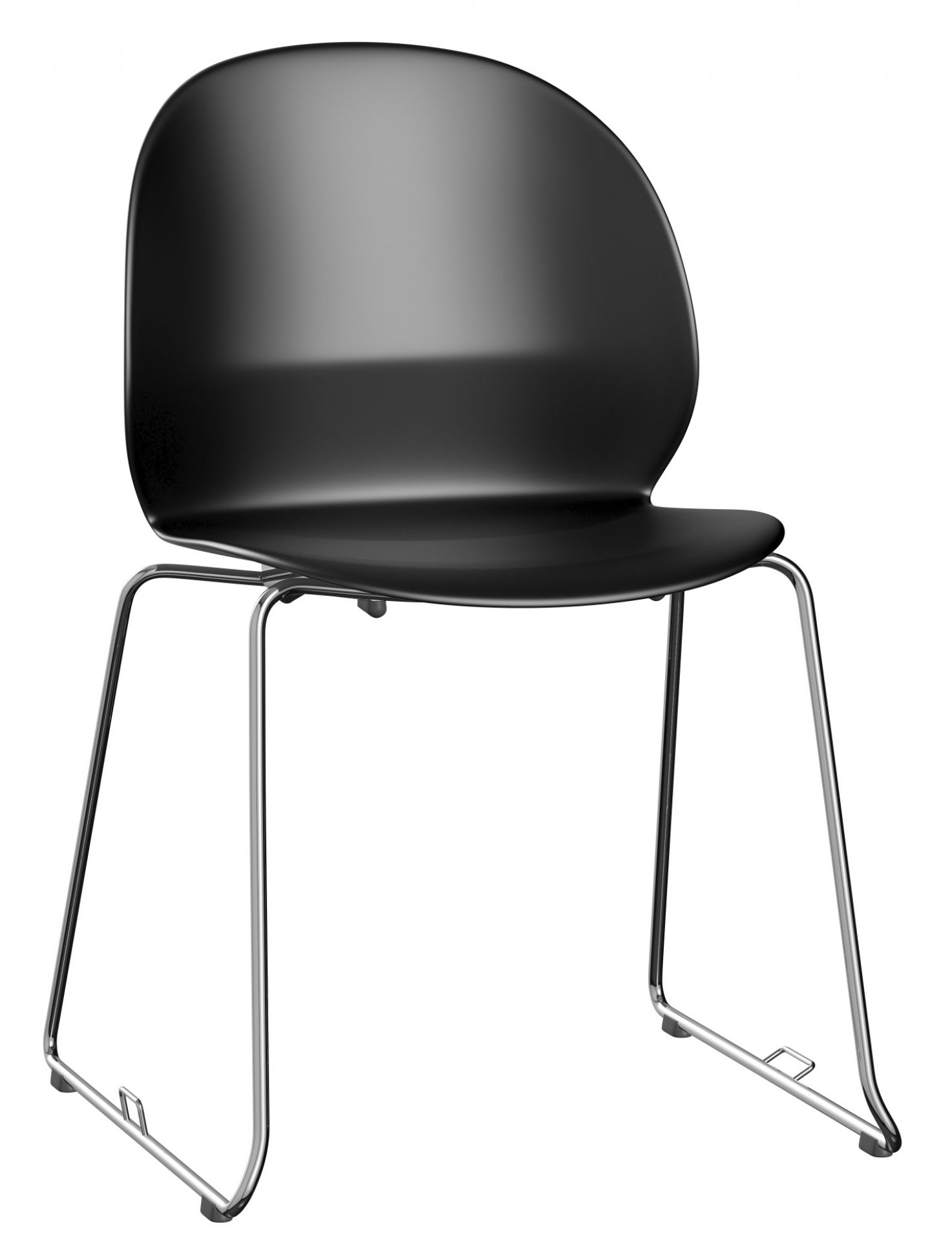 N02 Recycle Stuhl von Fritz Hansen, schwarzer Kunststoffstuhl mit verchromtem Metallgestell, modernes Möbeldesign.