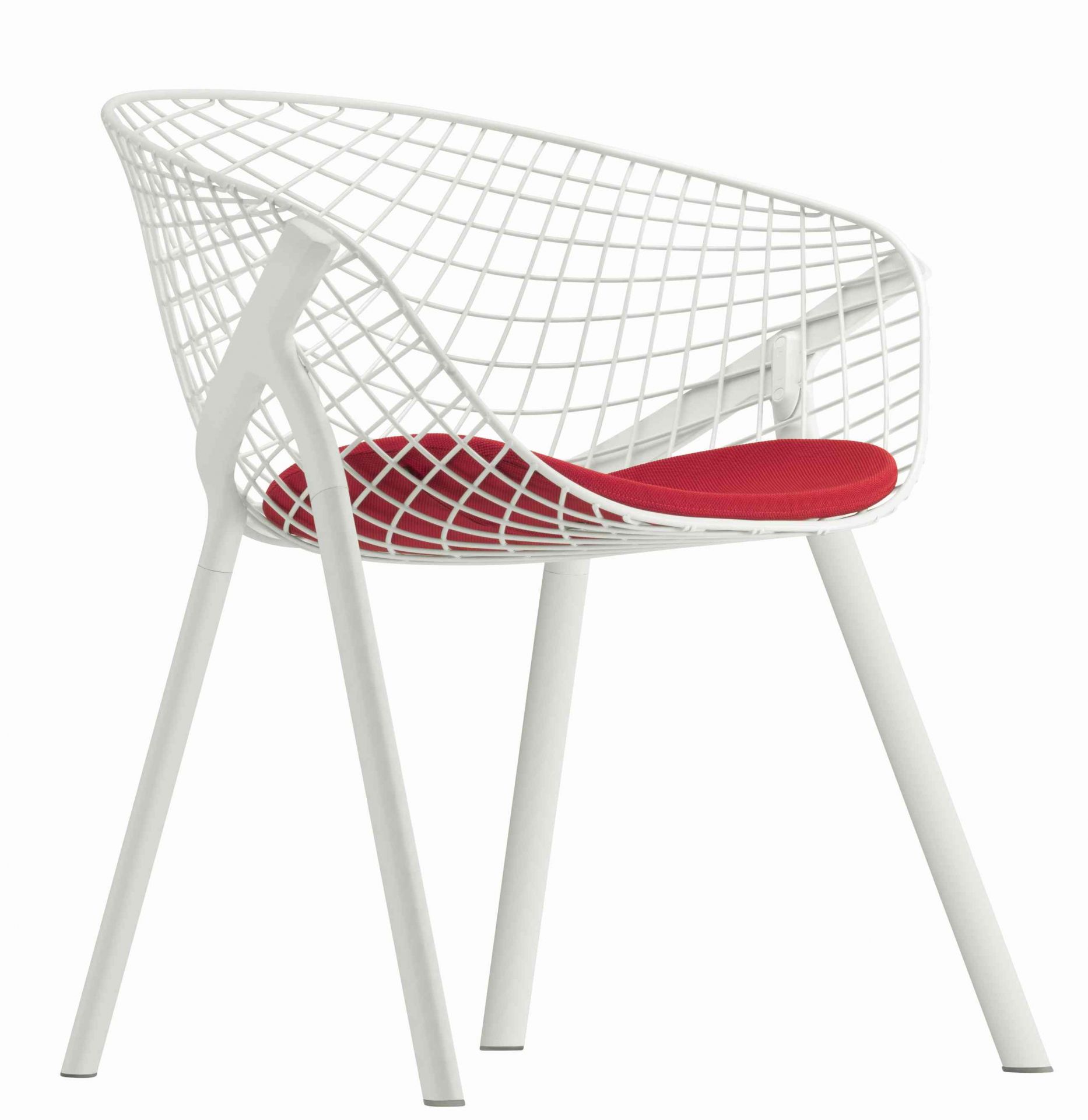 Kobi Chair Stuhl mit weißem Drahtgestell und rotem Sitzkissen, moderner Design Stuhl für Wohnzimmer.