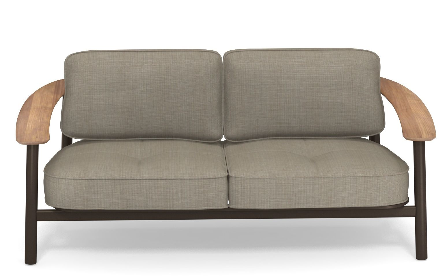 Twins Sofa Outdoor von Emu, modernes 2-Sitzer Gartensofa mit hellbraunen Polstern und Armlehnen aus Teakholz.