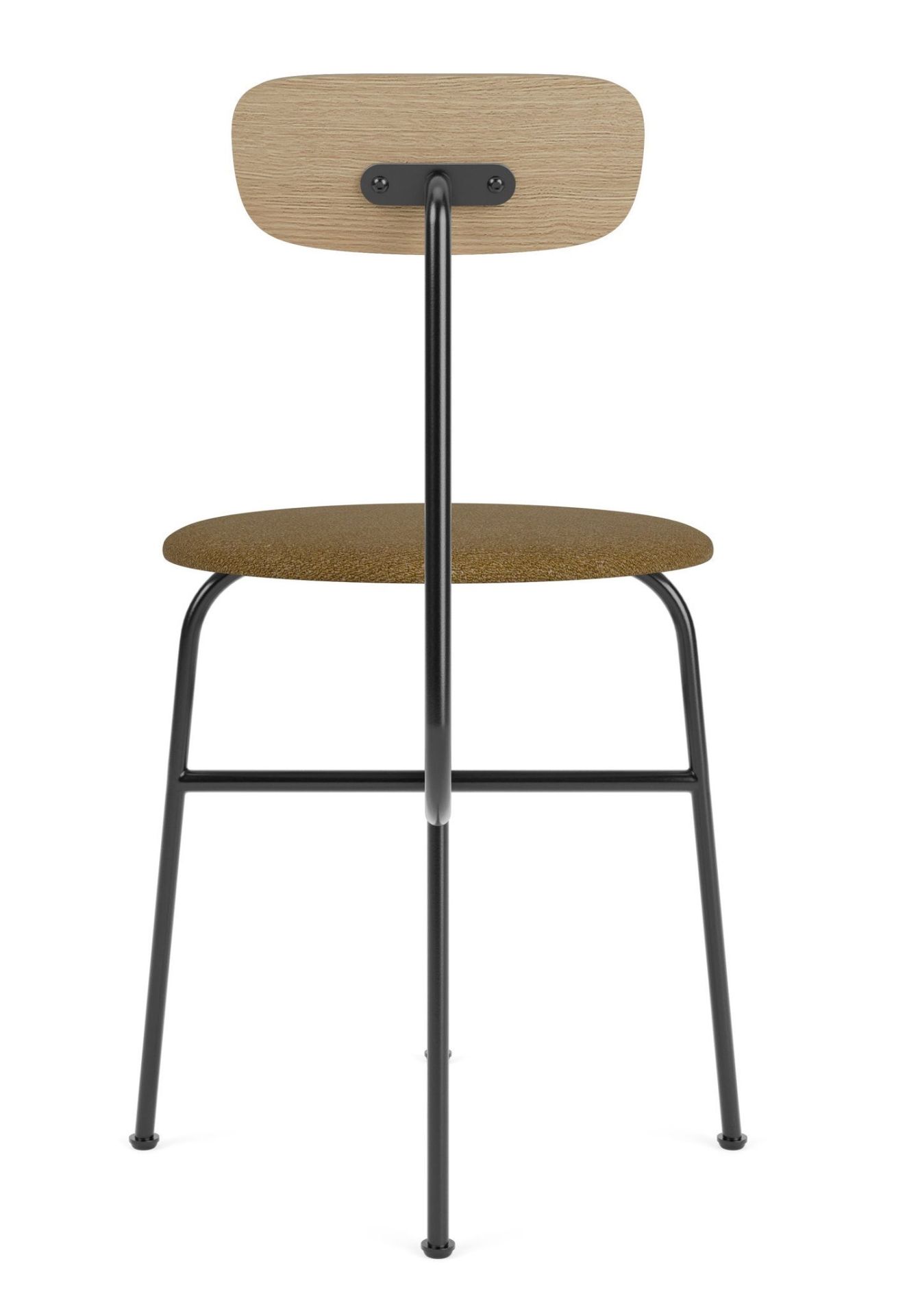 Rückansicht des Afteroom Dining Chair von Audo Copenhagen mit schwarzem Stahlgestell, Holzlehne und braunem Stoffbezug.