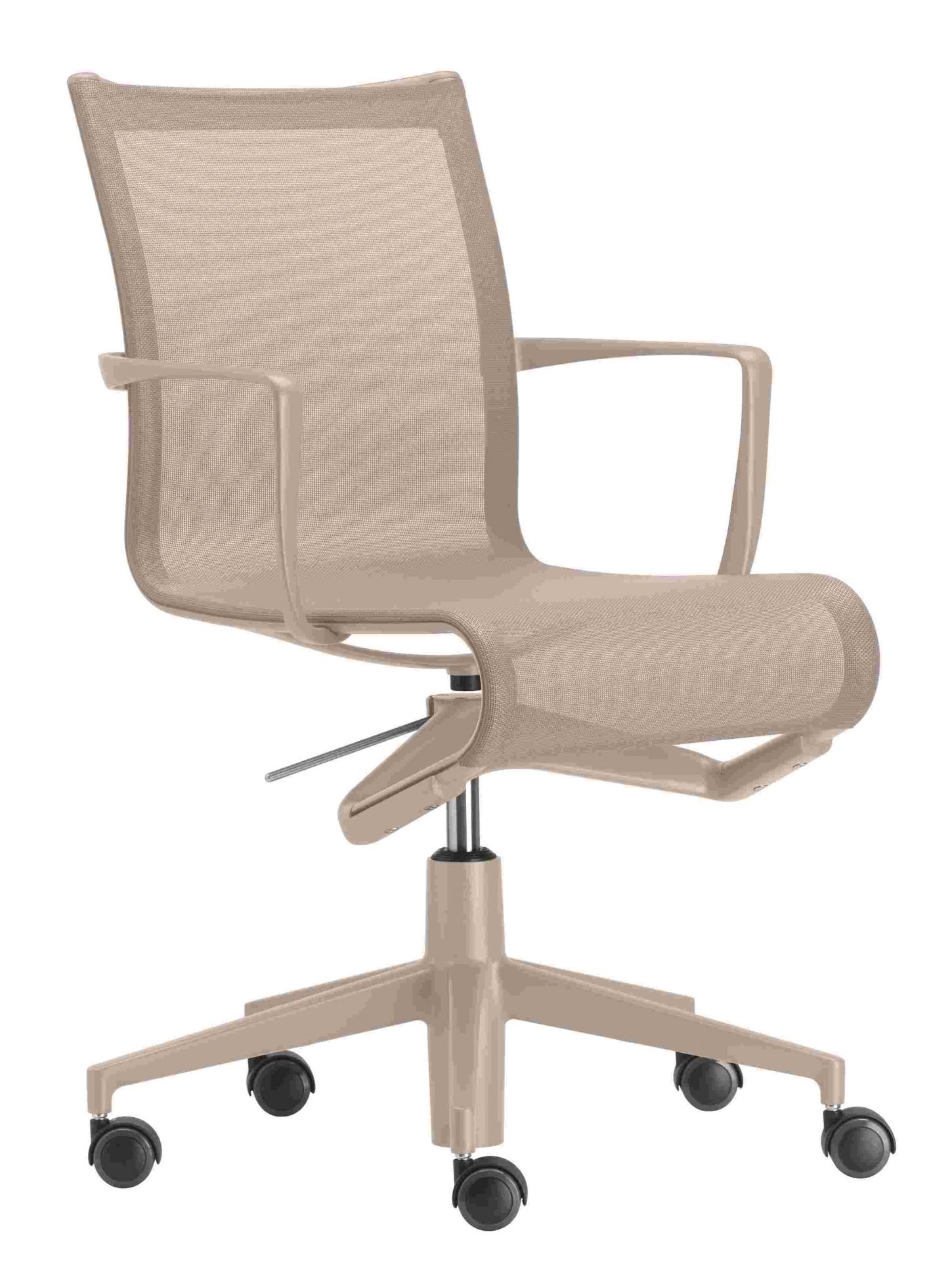 Rollingframe Bürodrehstuhl in Beige mit Armlehnen und Netzrücken, ergonomischer Bürostuhl für das moderne Büro.