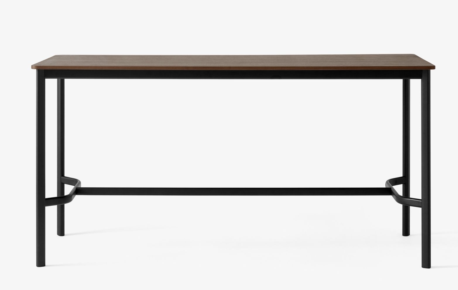 AndTradition Drip Stehtisch mit brauner Tischplatte und schwarzem Metallgestell, ideal für moderne Büros.