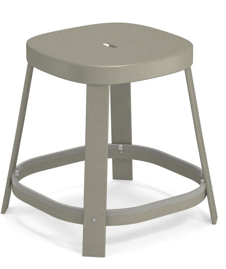 Emu Thor Barhocker niedrig, Outdoor-Sitzmöbel aus Metall in Taupe, modernes Design für Garten und Terrasse.