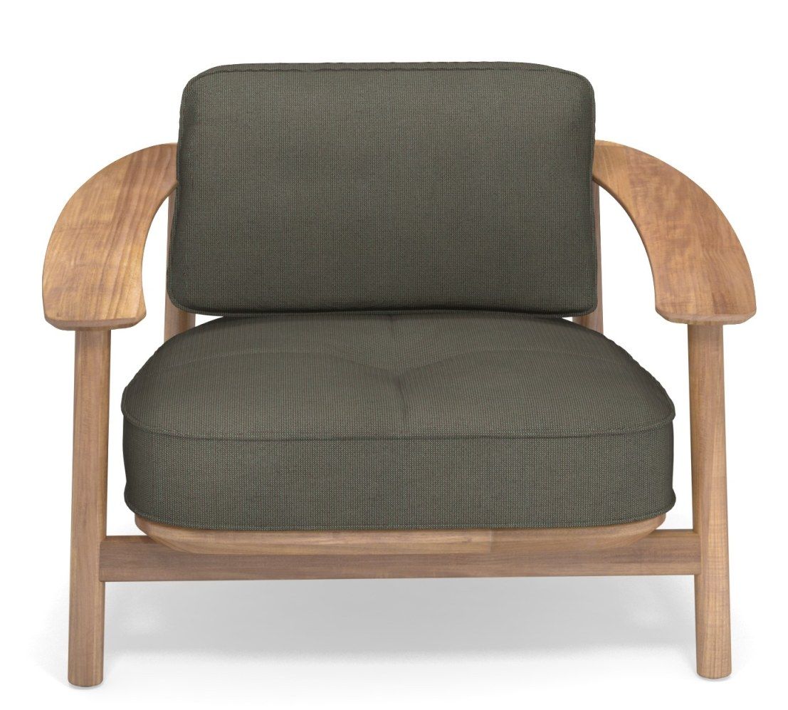 Emu Twins Lounge Chair Sessel Outdoor mit Holzrahmen und olivgrünen Polsterkissen, Frontansicht.