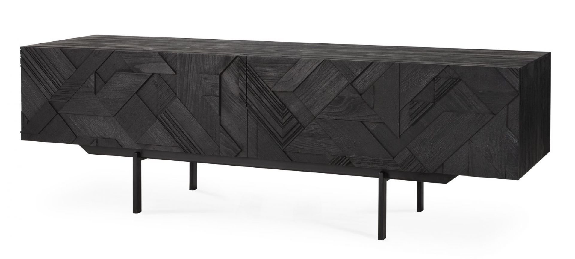 Schwarzes Graphic TV Möbel aus Teakholz von Ethnicraft mit geometrischem Muster und Metallbeinen.