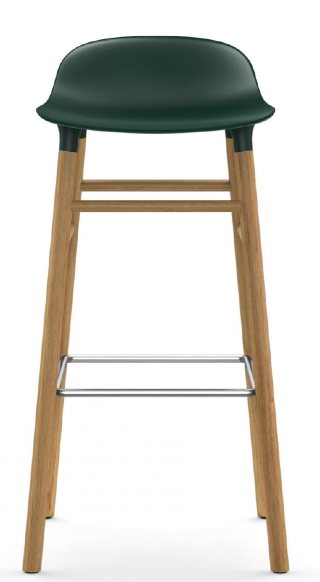 Normann Copenhagen Form Barhocker H75 cm aus Holz mit dunkelgrüner Sitzschale, Frontansicht.