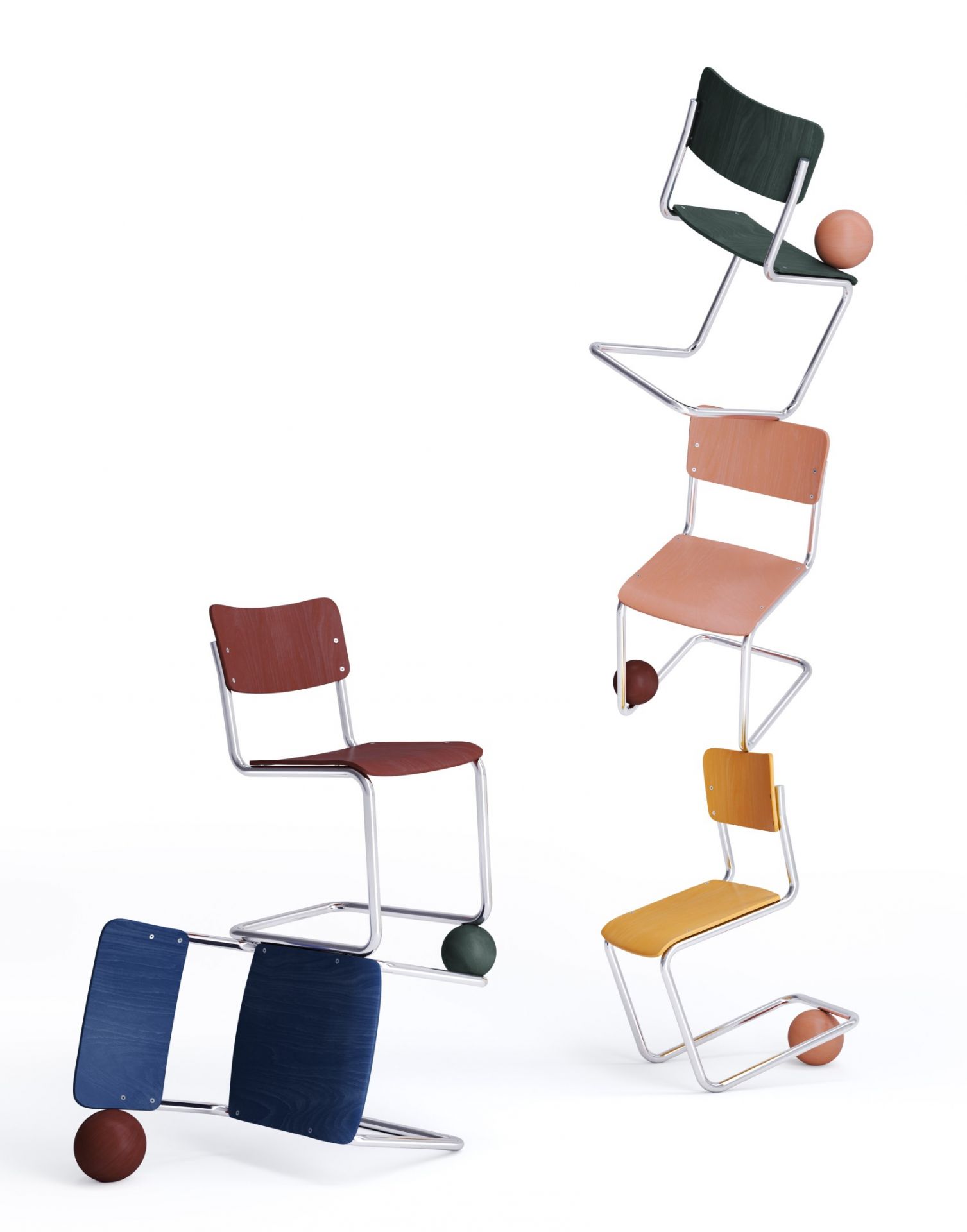 Kreatives Produktfoto: Thonet S 43 K Kinderstühle Freischwinger in verschiedenen Farben gestapelt, mit Holzkugeln als Designelement.