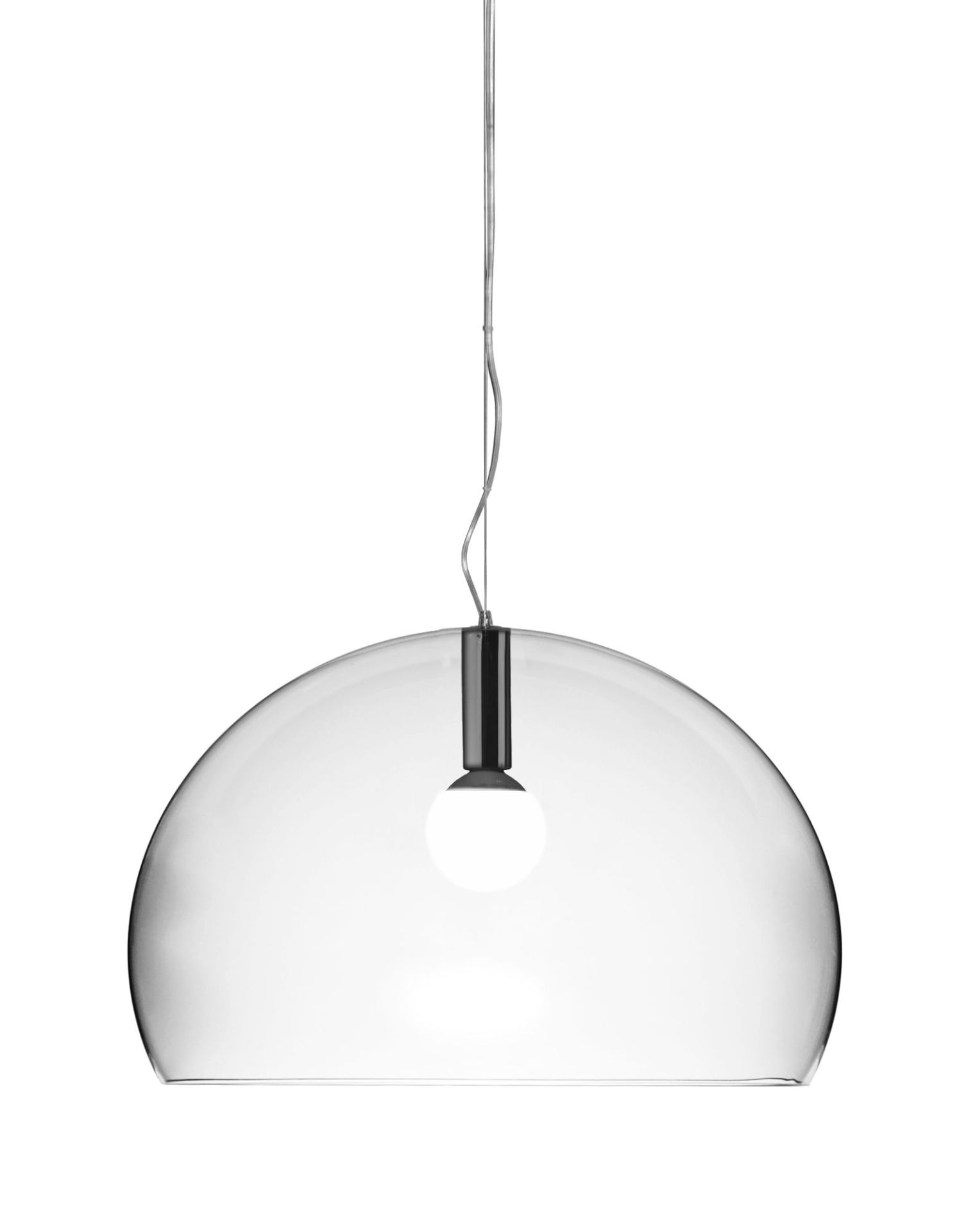 Nahaufnahme der transparenten Kartell Big Fly Pendelleuchte mit runder Form und silbernem Kabel.