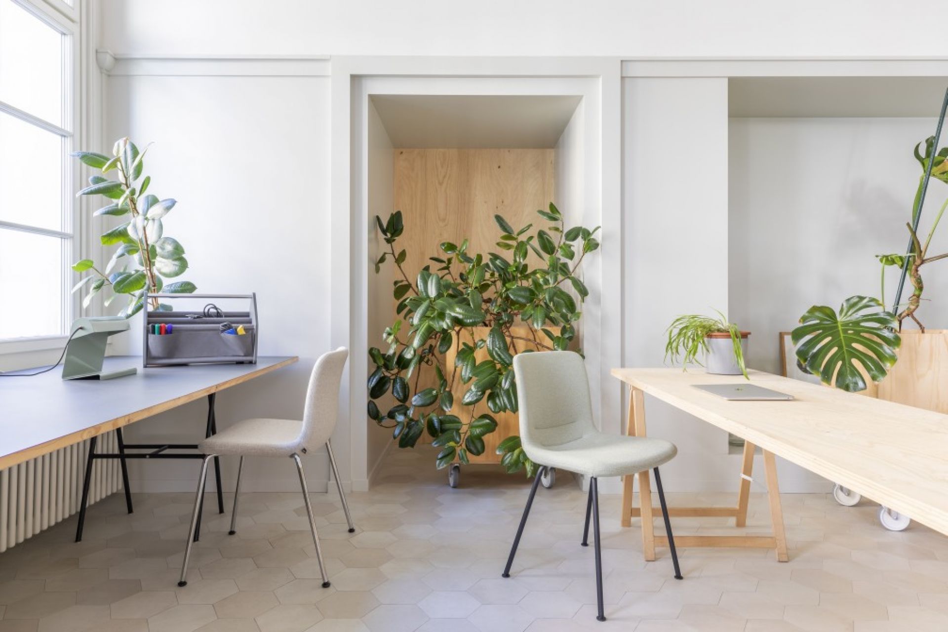 Heller Raum mit zwei Hal Soft Tube Stühlen von Vitra an Schreibtischen mit Pflanzen.