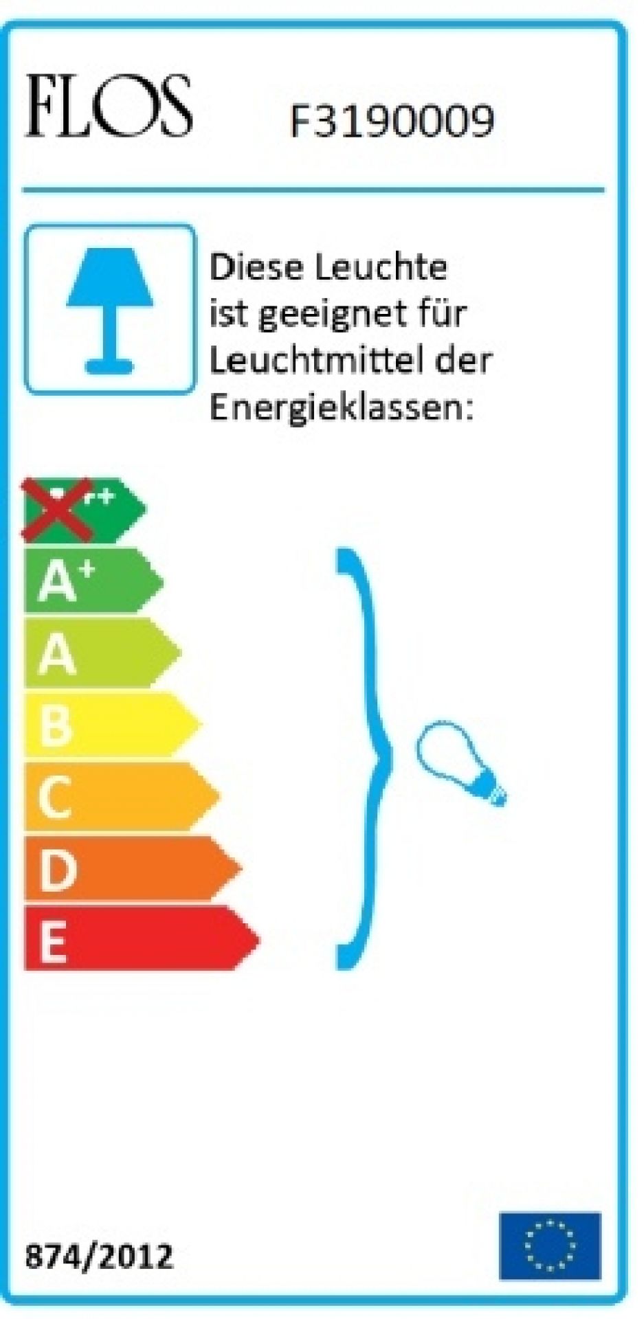 Energieeffizienzlabel für Flos Button HL Wand- oder Deckenleuchte, zeigt Energieklassen A+ bis E.