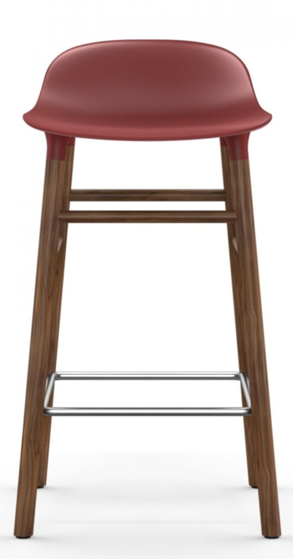 Normann Copenhagen Form Barhocker H 65 cm aus Holz mit bordeauxroter Sitzfläche, Frontansicht.