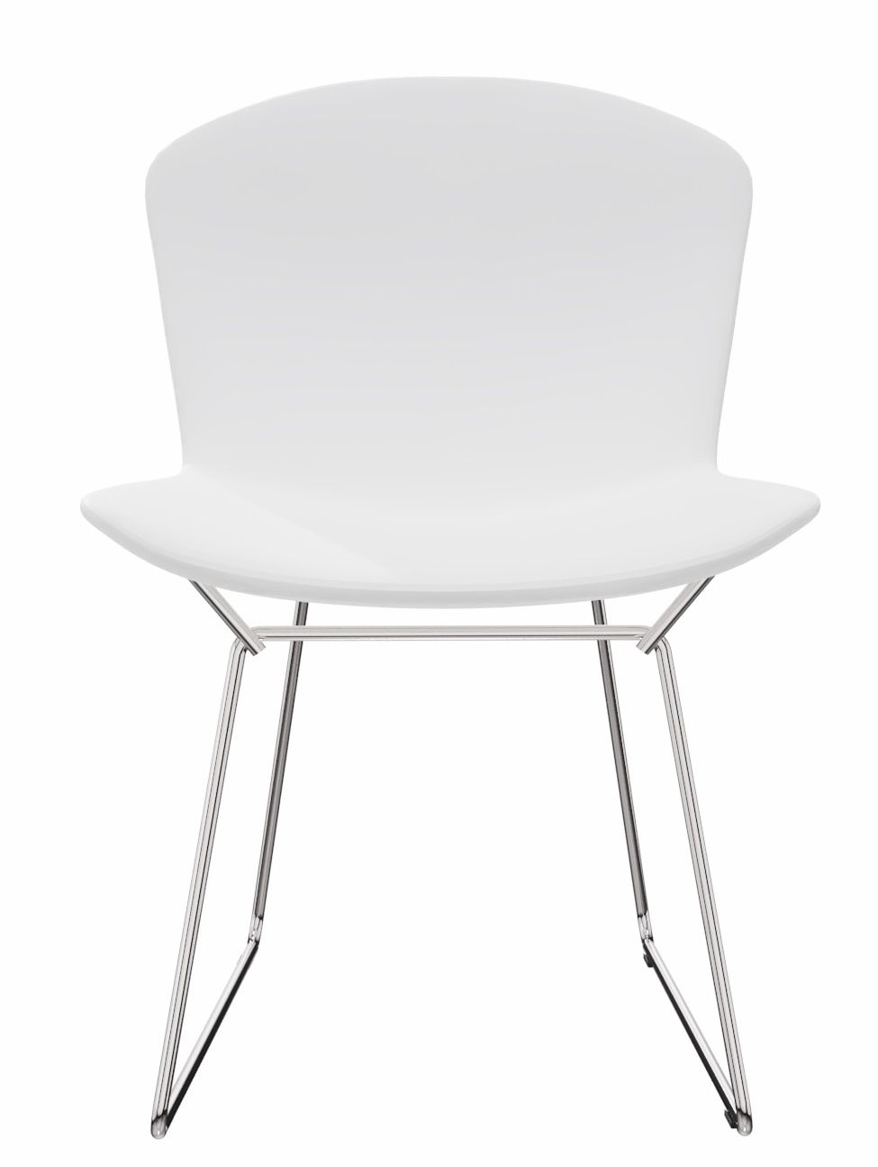 Weißer Bertoia Side Chair Stuhl mit Chromgestell von Knoll International, modernes Design für Esszimmer.