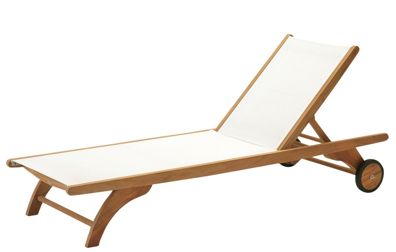 Columbus Sonnenliege aus Teakholz mit weißer Bespannung und Rädern für den Outdoor-Bereich.
