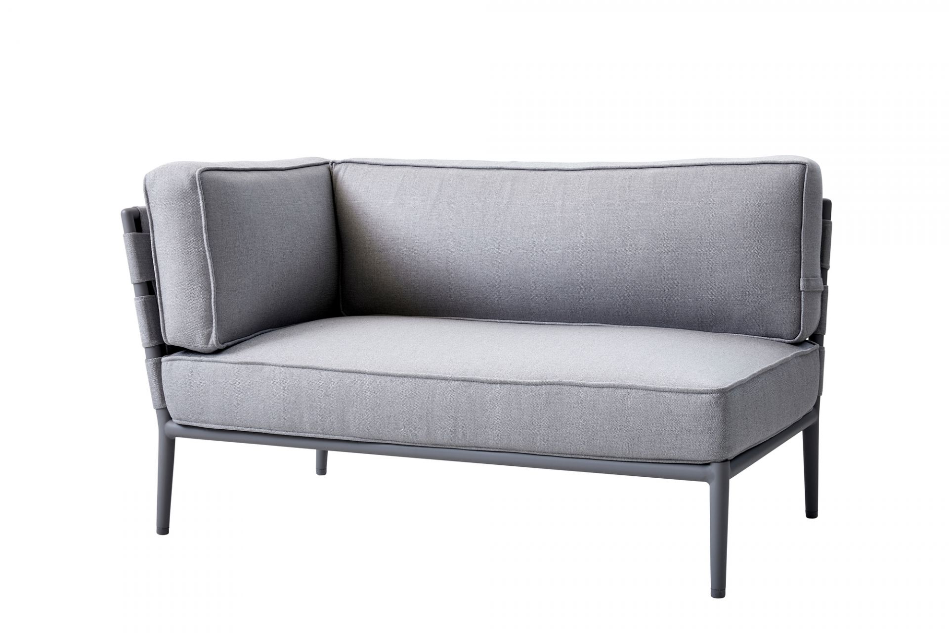 Conic AirTouch Modulsofa: Hellgraues 2-Sitzer Outdoor Sofa mit rechtem Armteil von Cane-Line. Gartenmöbel für Terrasse.