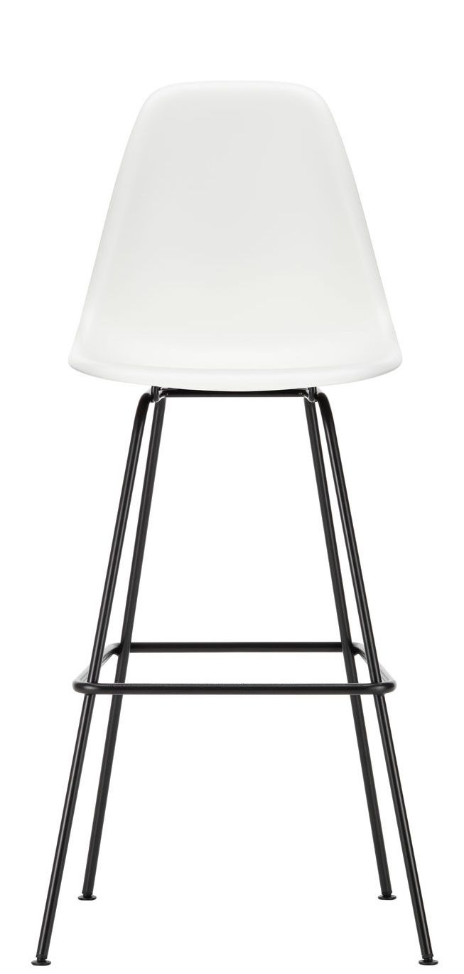 Vitra Eames Plastic Bar Stool in Weiß mit schwarzem Metallgestell, hohe Sitzgelegenheit.