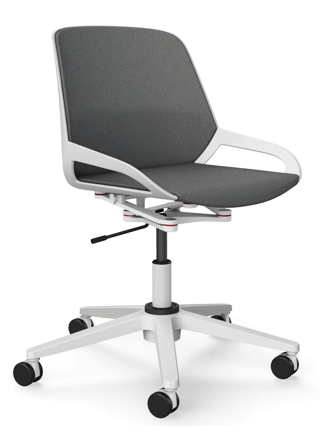 Numo Task Bürodrehstuhl von Aeris mit grauem Stoffbezug, weißem Gestell und schwarzen Rollen.