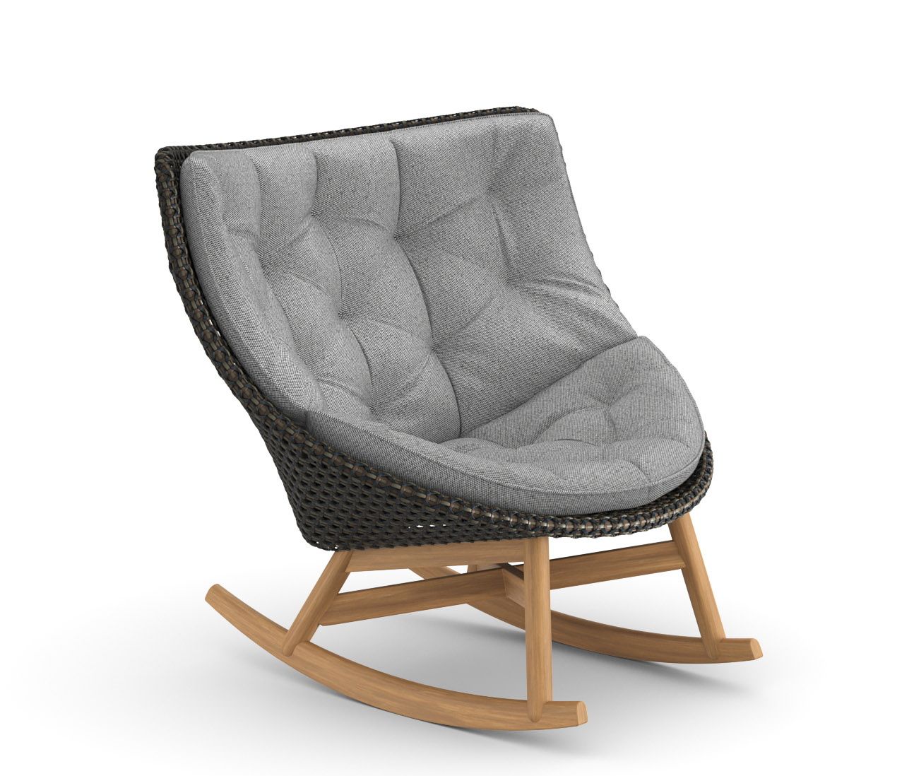 Mbrace Schaukelstuhl von Dedon mit grauem Polster, Rattan-Geflecht und Holzgestell für entspannte Stunden.