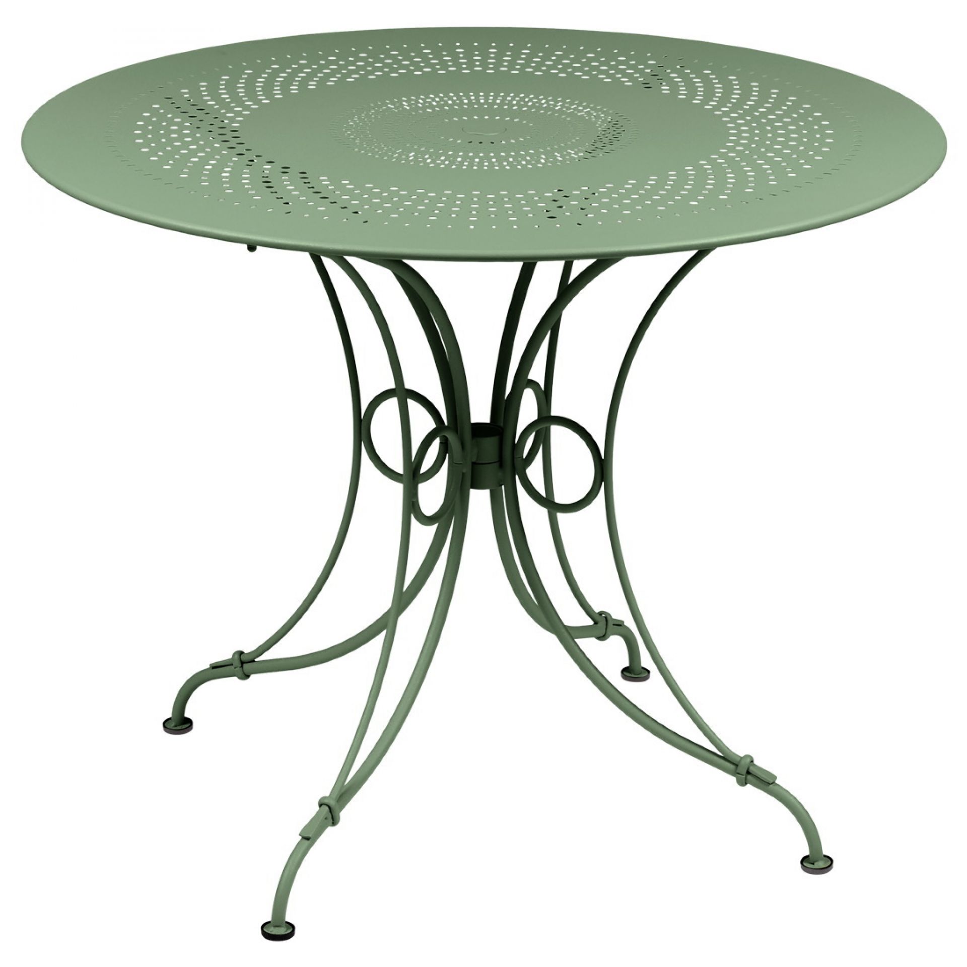 Grüner Fermob 1900 Gartentisch mit runder, perforierter Tischplatte und filigranem Stahlgestell.