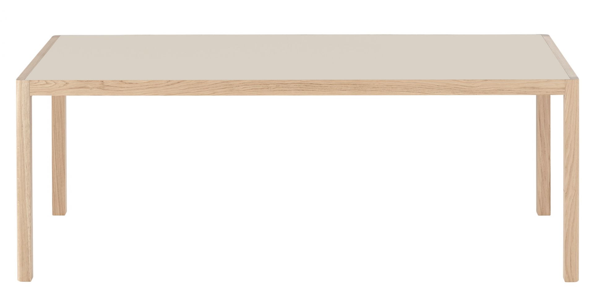 Muuto Workshop Table Tisch mit rechteckiger, beiger Tischplatte und hellem Holzgestell, freigestellt.