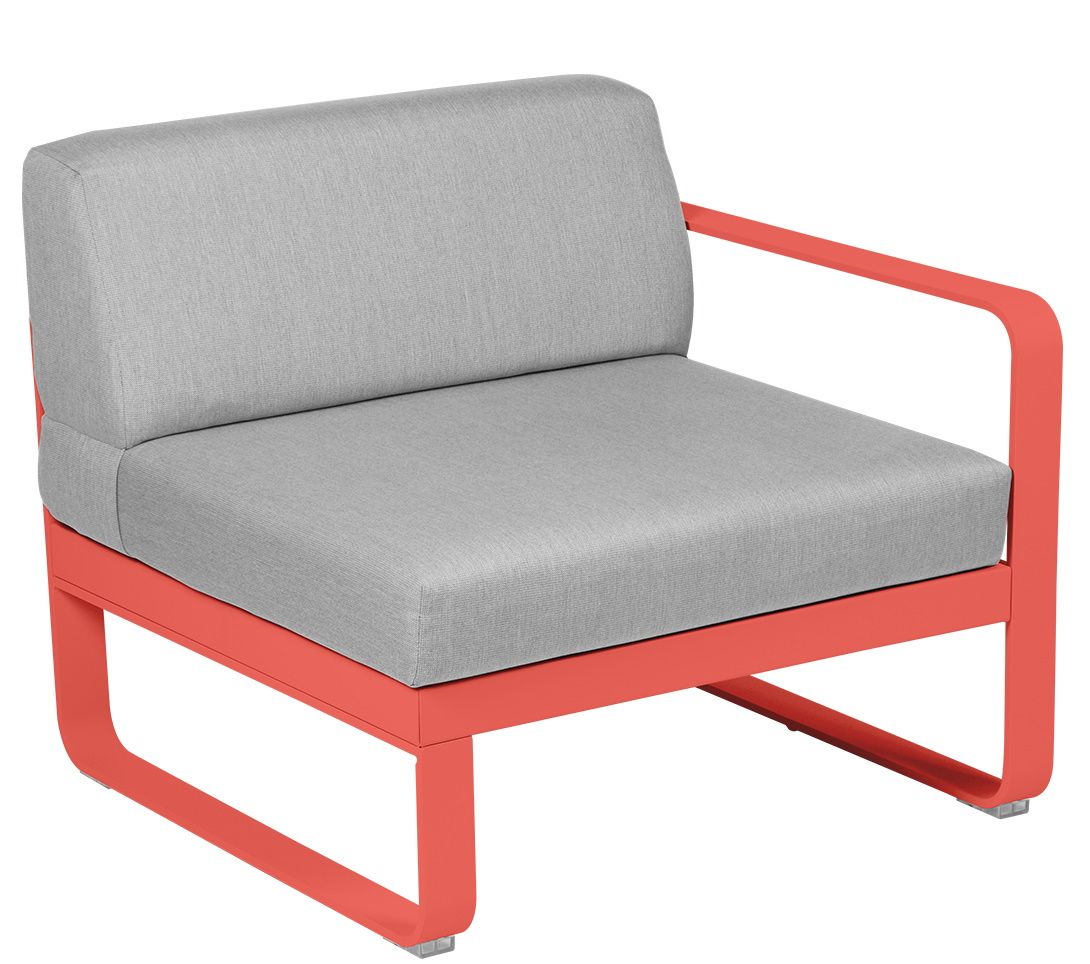 Bellevie Fermob Outdoor Sofa 1-Sitzer Modul rechts, Koralle Gestell mit grauem Sitzkissen.