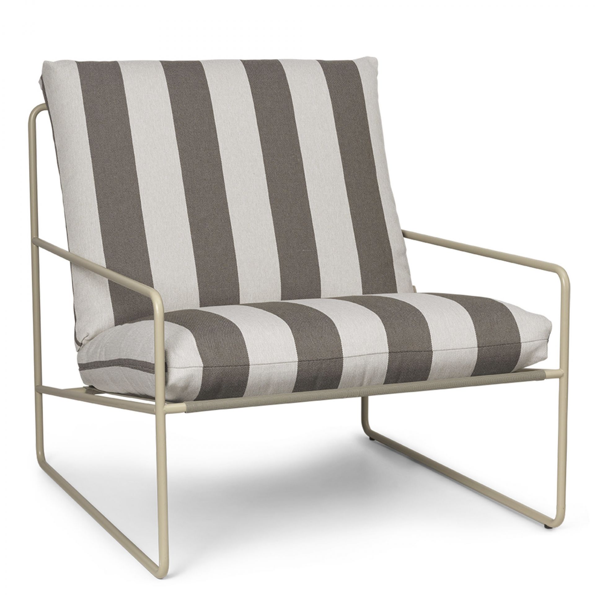 Desert Sessel mit Streifenmuster und Cashmere-farbenem Gestell, moderner Outdoor Sessel für Garten und Terrasse.