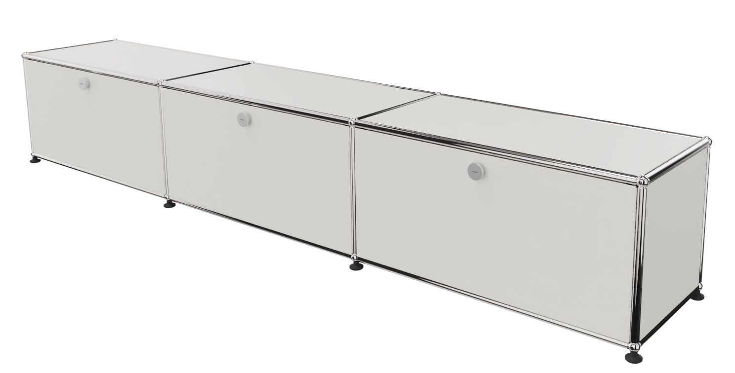USM Haller Lowboard in Reinweiß mit drei Klappen, modernes Designmöbel für stilvolle Wohnräume.
