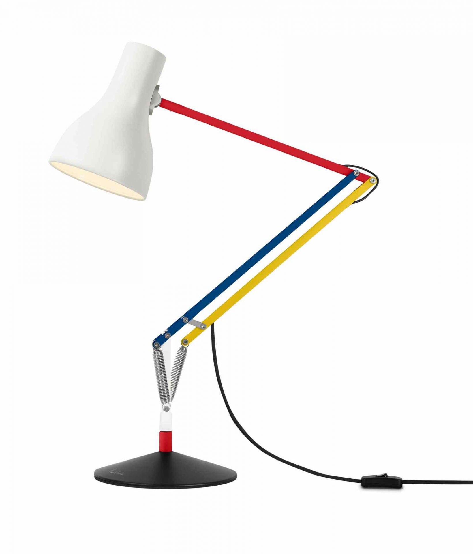 Anglepoise Type 75 Mini Paul Smith Edition 3 Tischleuchte mit weißem Lampenschirm und farbenfrohem Arm.