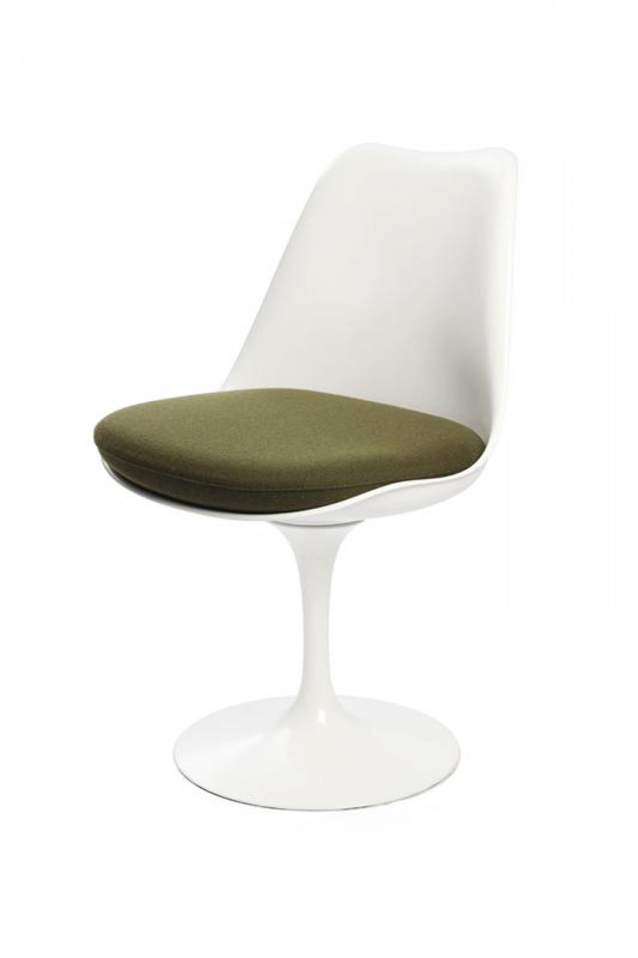 Weißer Tulip Chair Stuhl von Knoll International mit olivgrünem Sitzkissen, modernes Design für Esszimmer und Büro.