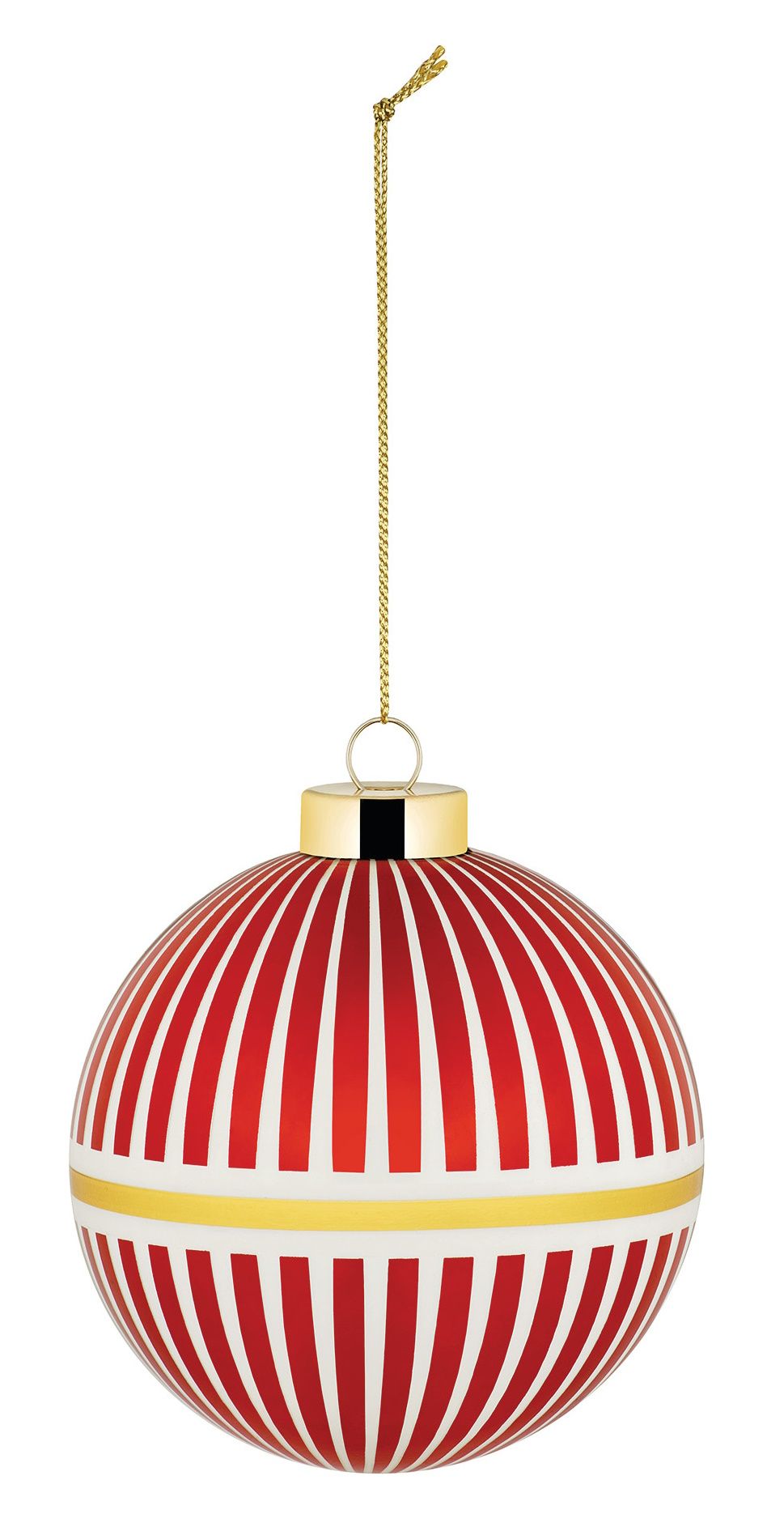 Alessi Weihnachtskugel NZ04 2 Delight mit roten und weißen Streifen, goldener Aufhängung.