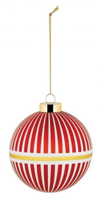 Alessi Weihnachtskugel NZ04 2 Delight mit roten und weißen Streifen, goldener Aufhängung.