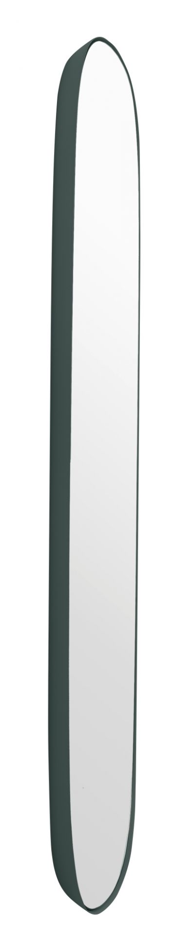 Großer, schlanker Wandspiegel von Muuto mit abgerundeten Ecken und dunkelgrünem Rahmen. Dekorative Spiegel für Wohnzimmer.