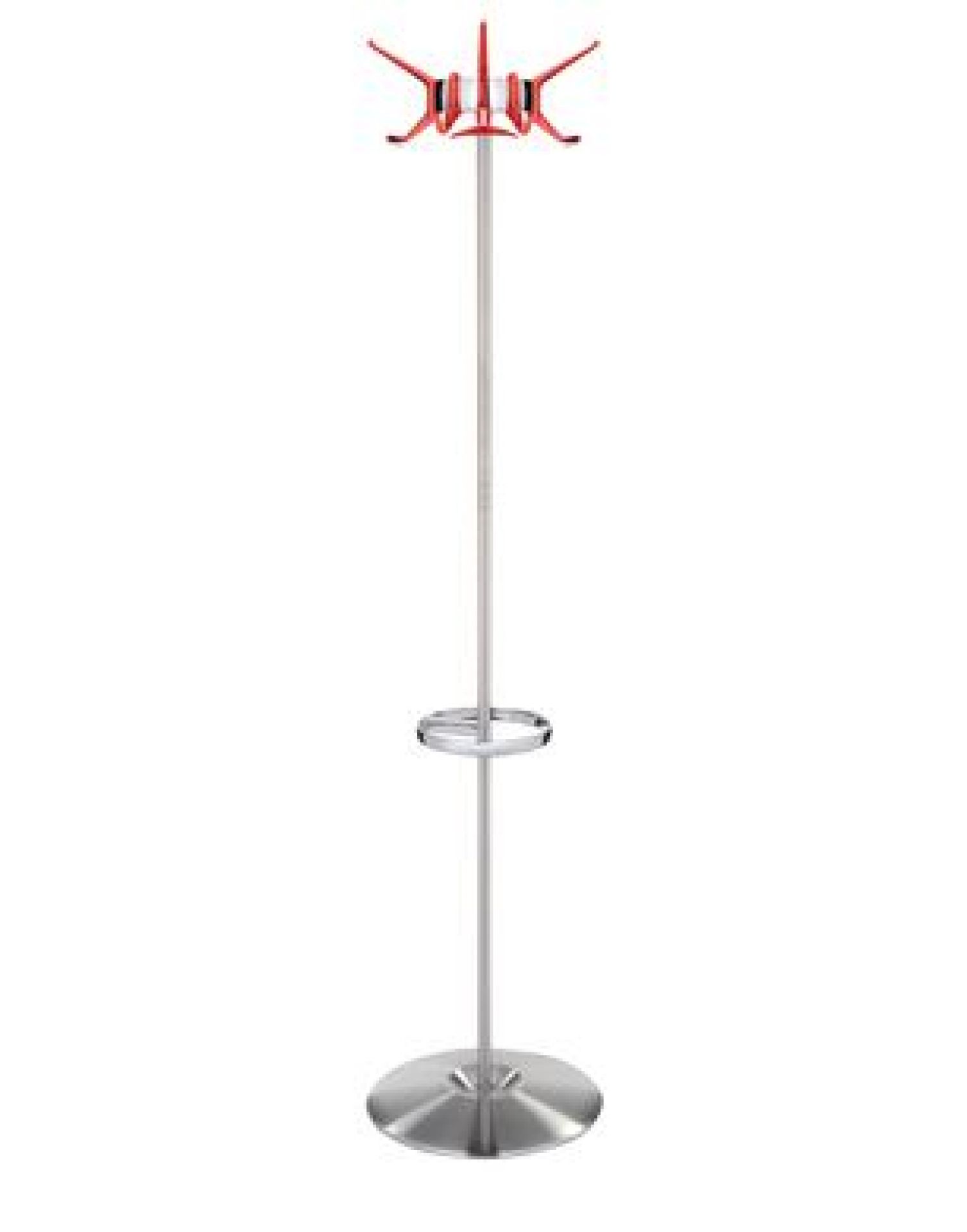 Kartell Hanger Garderobenständer: Freistehender Kleiderständer mit rotem Hakenkranz und silberfarbenem Gestell. Moderner Garderobenständer für Flur und Diele.