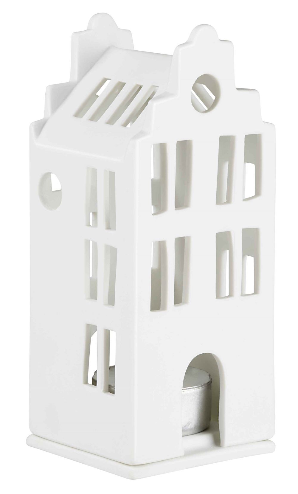 Detailaufnahme eines weißen Zuhause Lichthaus Grachtenhaus, Teil eines 4er Sets, mit Teelicht.
